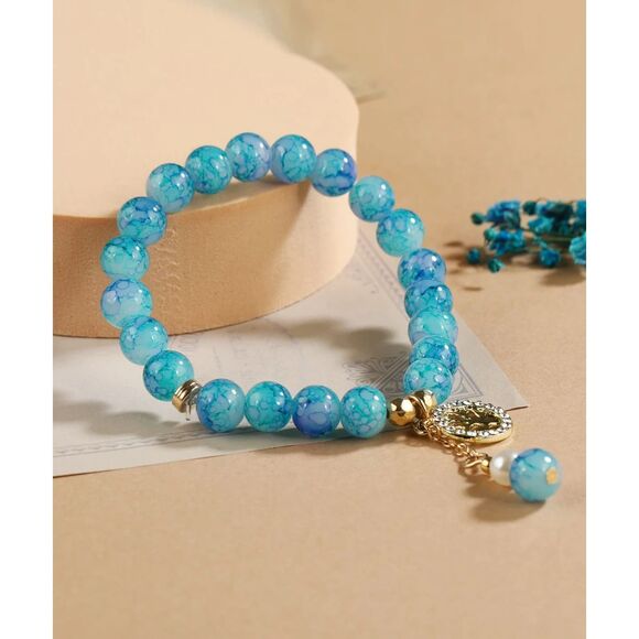 Handmade Blue Apatite Stretch Beaded Bracelet Gold Tree of Life Charm Jewelry - Picture 3 of 5